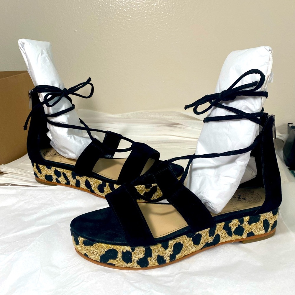 Vince Camuto Black Suede Lace-Up Platform Sandals with Leopard Espadrille Trim